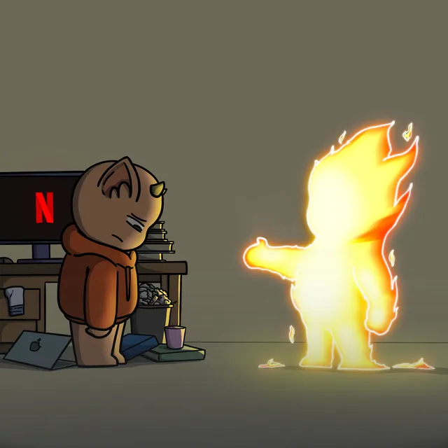 A Chimi slumped at a desk in a dark room while a Chimi made of fire glows beside it