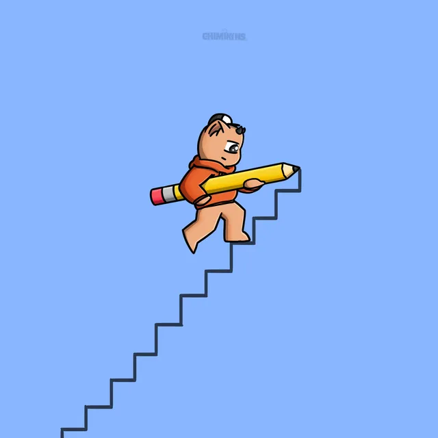 A Chimi riding a giant pencil, drawing the staircase it is already climbing