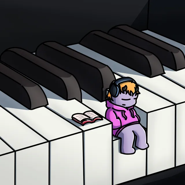 A Chimi in headphones sitting between the keys of a giant piano with an open book