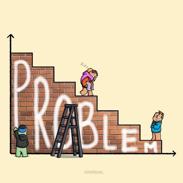Chimis with a ladder and spray cans painting the word PROBLEM across a brick wall built like a rising graph