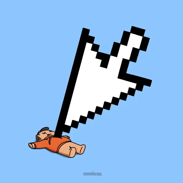 A Chimi lying flat beneath a giant pixel mouse cursor