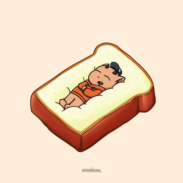 A Chimi asleep tucked into a slice of bread like a bed
